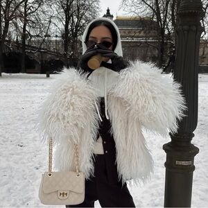 Chic White Faux Fur fluffy Jacket shaggy women blazer jacket